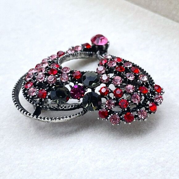Gunmetal Gray with Ruby Pink Sapphire and Olivine Crystal Heart Pin Back Brooch - Picture 5 of 8